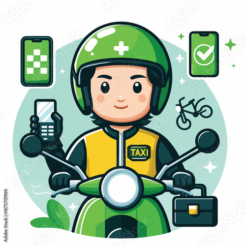 Online motorcycle taxi driver with a green helmet with a simple and minimalist flat design using a white background