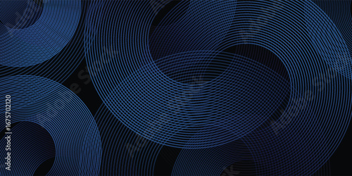 Blue abstract background with glowing circles. Swirl circular lines pattern. Geometric spiral. Twirl element. Modern graphic design. Futuristic technology concept.
