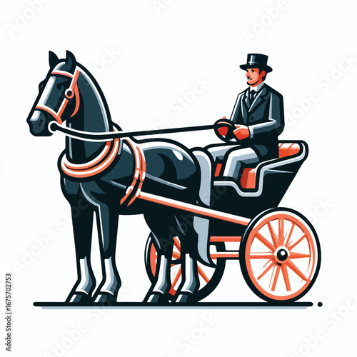 A horse-drawn carriage driver with a simple and minimalist flat design using a white background.