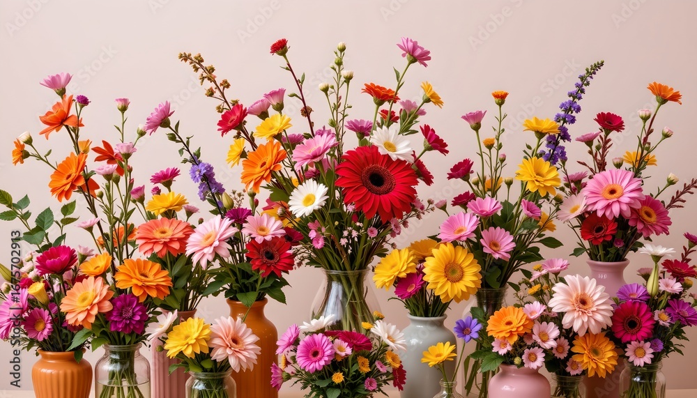 Obraz premium Colorful Floral Arrangement Diverse Vases Bright Background
