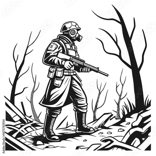A soldier with gas mask and rifle stands in a desolate, wartorn landscape