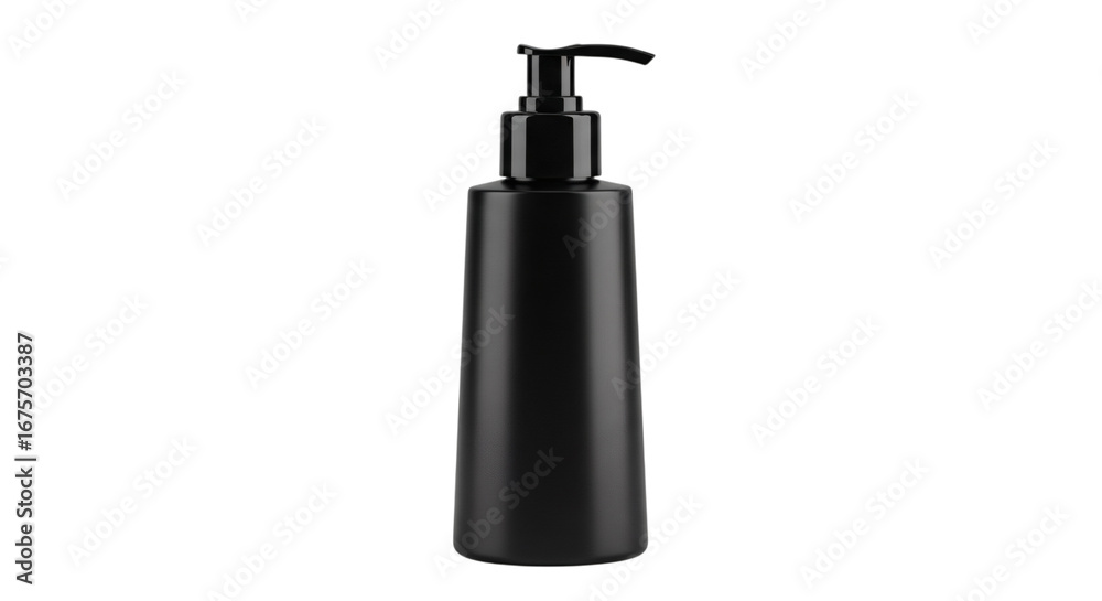 Obraz premium Sleek black dispenser bottle conveying elegance and sophistication on a solid dark background in minimalist style.
