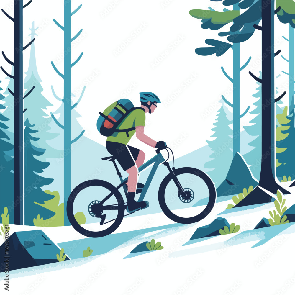Fototapeta premium Mountain bike rider on a forest trail with a simple and minimalist flat design using a white background