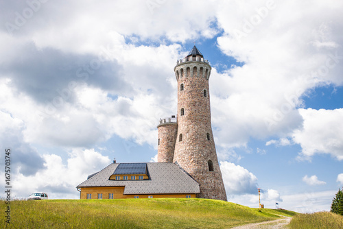 Dalimilova rozhledna – an observation tower on Větrov Hill. A 34-meter-high tower in the Czech Sudetes.
