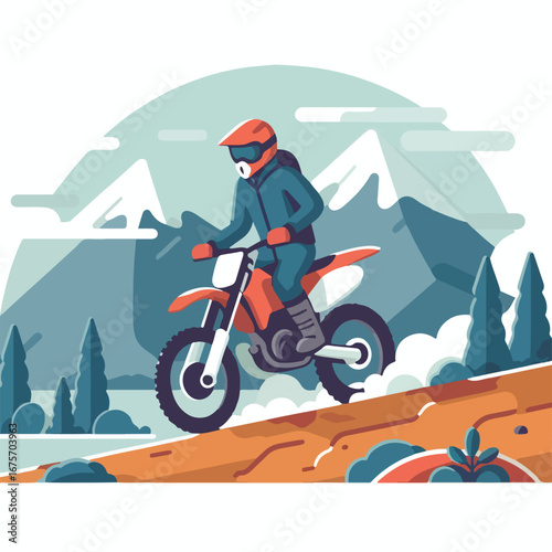 Trail bike rider on the mountain with a simple and minimalist flat design using a white background