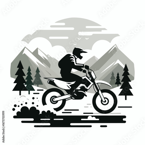 Trail bike rider on the mountain with a simple and minimalist flat design using a white background