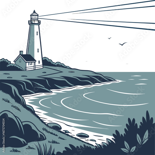 A lone lighthouse stands as a beacon against the dark sea, its light a warning to ships navigating the rocky coast