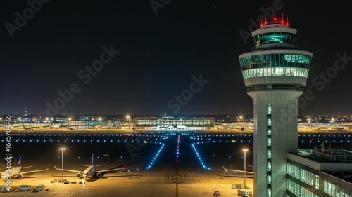 Nighttime View of an Airport Control Tower and Runway Showcasing Aircraft and Illuminated Pathways in a Vibrant Urban Landscape