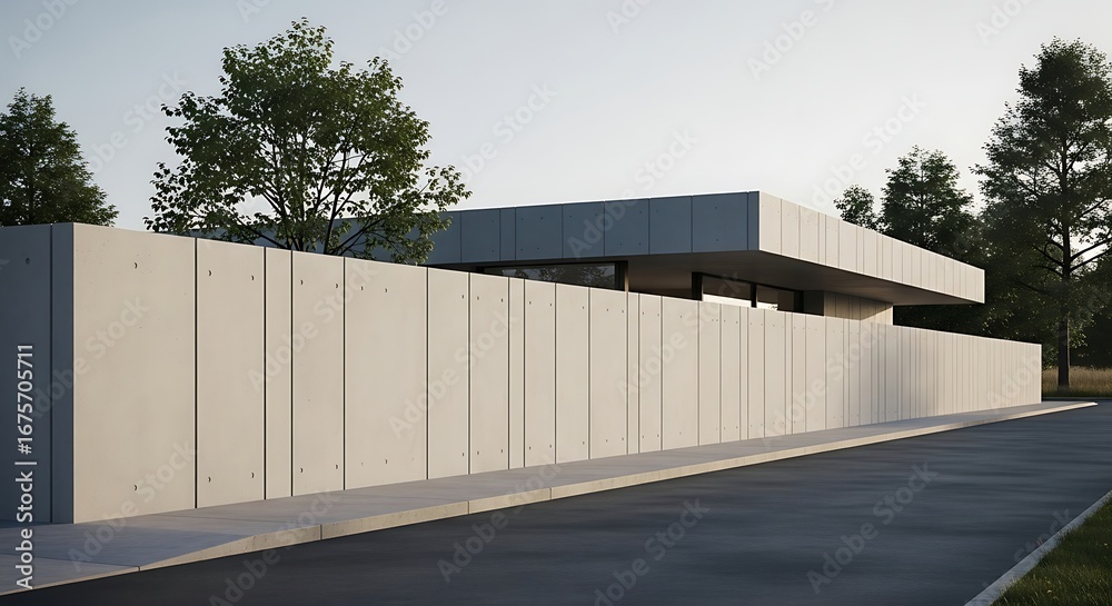 Fototapeta premium Beige Modern Fence and Contemporary Building.