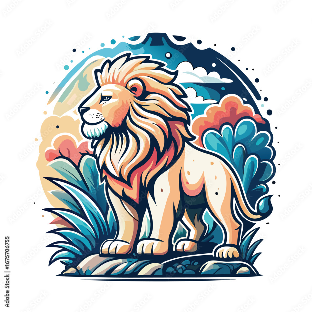 Fototapeta premium Lion illustration in a stylized colorful scene