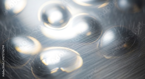 A close-up abstract image of clear gel capsules or liquid drops on a scratched, metallic surface with light reflecting off the rounded shapes.