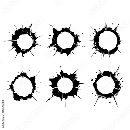 set of bullet hole different damaged element from bullet on metallic surface. vector illustration