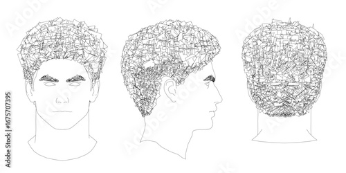 Three male faces with distinct hairstyles, from short curly to voluminous, arranged in a stylish collection on a white background.