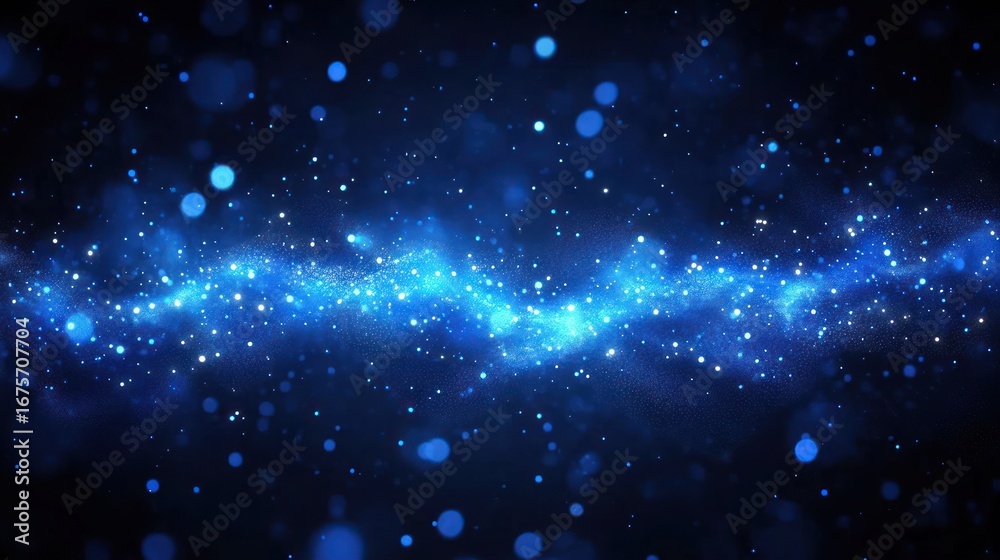 Obraz premium Abstract glowing blue particle wave flowing across dark background with scattered light dots creating a cosmic or digital energy effect