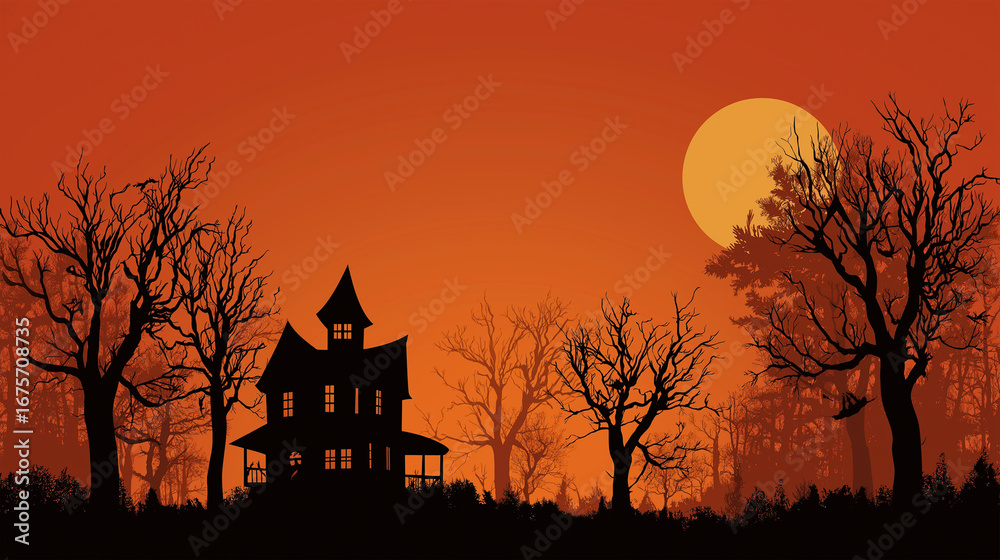 Fototapeta premium Spooky Silhouette: A chilling silhouette of a haunted house stands ominously against a vibrant sunset sky, creating an atmosphere of dread, fear, and suspense.