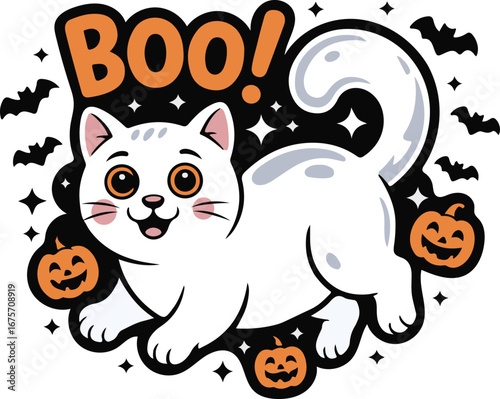 Cute white cat with pumpkins and bats for Halloween