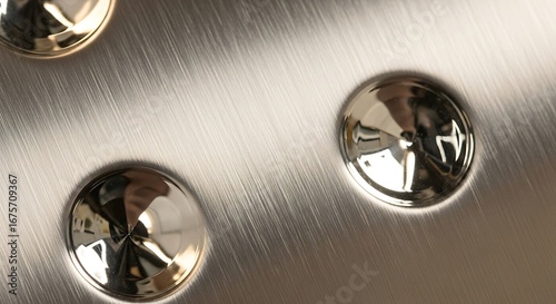 Close-up of shiny metal rivets or buttons attached to a brushed metal surface.