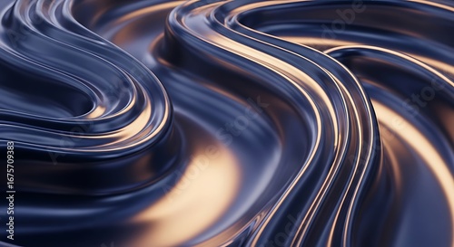 Abstract depiction of swirling, metallic blue and gold waves forming a dynamic, fluid pattern with smooth, reflective surfaces.