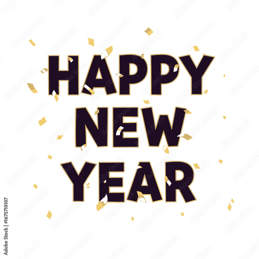 Fototapeta premium Happy New Year text with golden confetti on white background