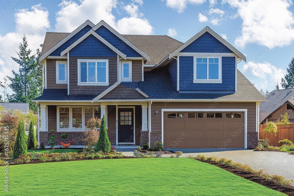 Obraz premium Modern two-story suburban house with blue and beige exterior, a well-manicured green lawn, shrubs, and a driveway under a partly cloudy sky