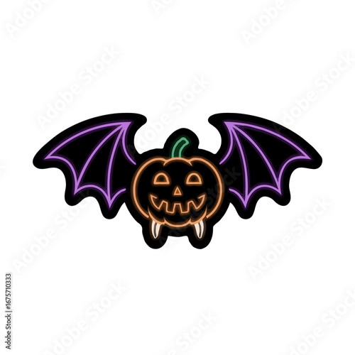 Neon Halloween pumpkin with bat wings and vampire teeth illustration