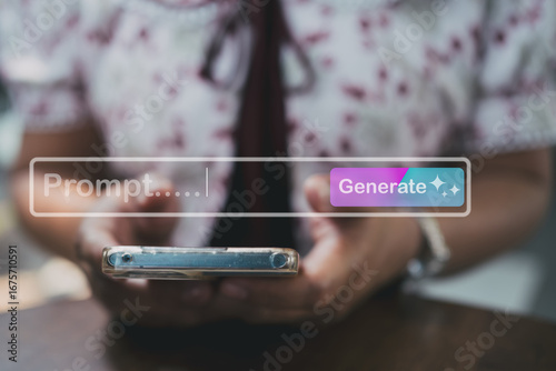 Tableau sur toile Person using smartphone with AI prompt and generate button interface, concept of artificial intelligence, creativity, and digital technology in everyday life