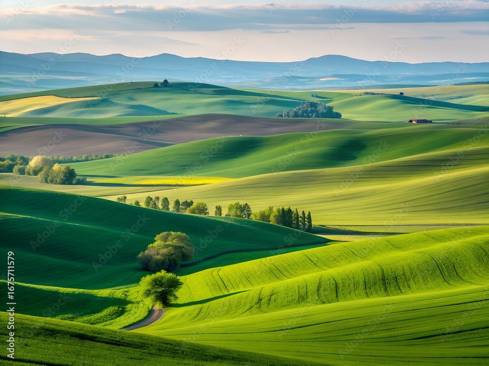 Obraz premium Idyllic tuscan rolling green hills under soft morning light with scenic landscape