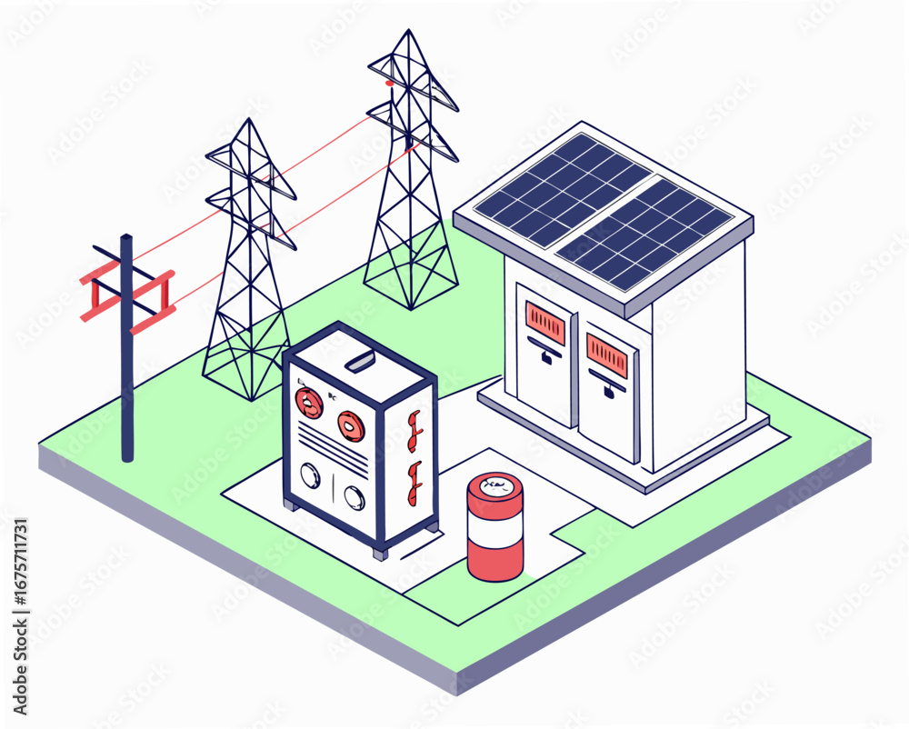 Obraz premium Custom isometric diagram of solar plant with solar cell modules, mounting structures, wiring, and electrical components in isolated vector format.