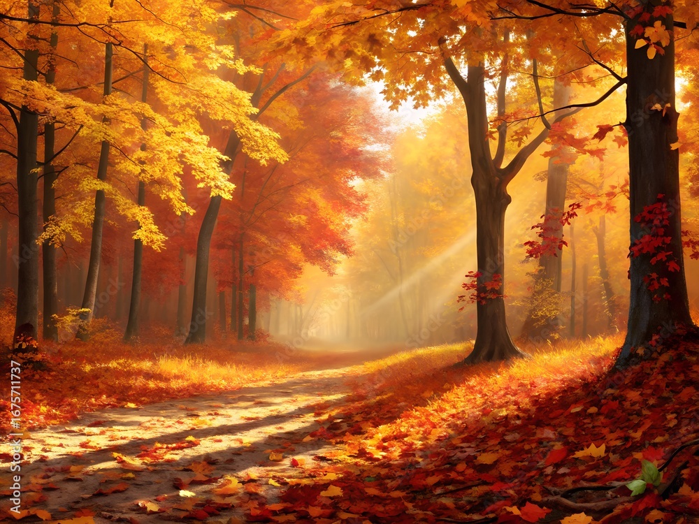 Fototapeta premium Sunlight streams through an autumn forest creating a warm glow on golden orange and red leaves on the path