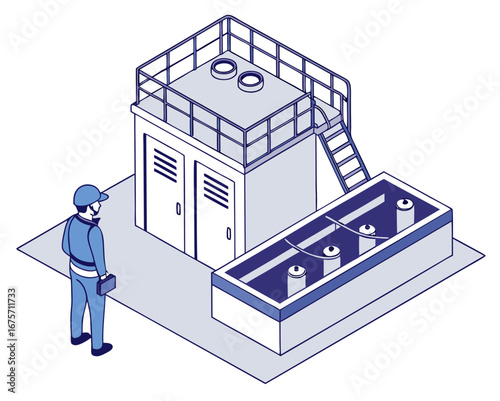Isometric vector diagram of factory wastewater treatment system showing bar screening process, separating solids before further purification in environmental facility.
