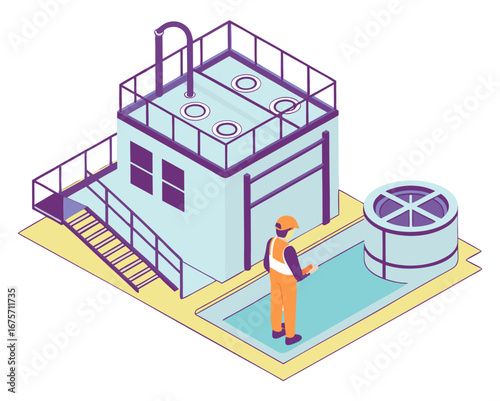 Industrial wastewater treatment process illustrated in isometric vector, highlighting bar screening stage for solid removal before chemical or biological treatment.