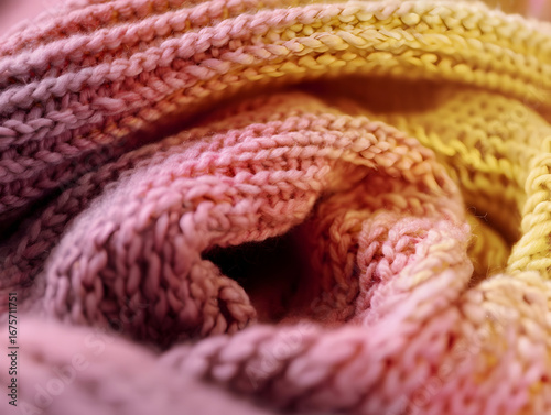 Soft, colorful wool yarn is arranged in a mesmerizing swirl, showcasing a gradient of pink, orange, and yellow hues, perfect for knitting or crochet projects