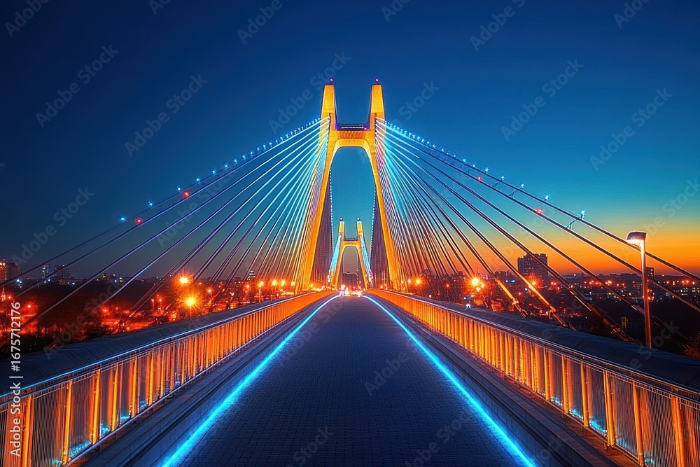 Obraz premium Illuminated modern cable-stayed bridge at dusk with blue and orange lights and city skyline in the background