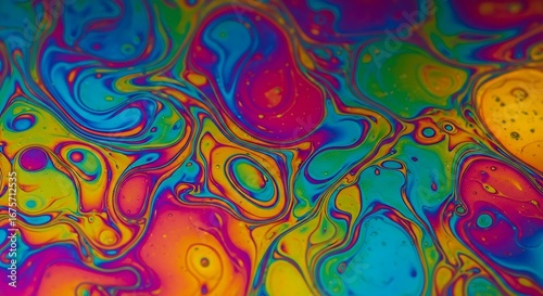 Abstract macro shot of a colorful, swirling pattern with vibrant hues of blue, green, yellow, orange, and pink.