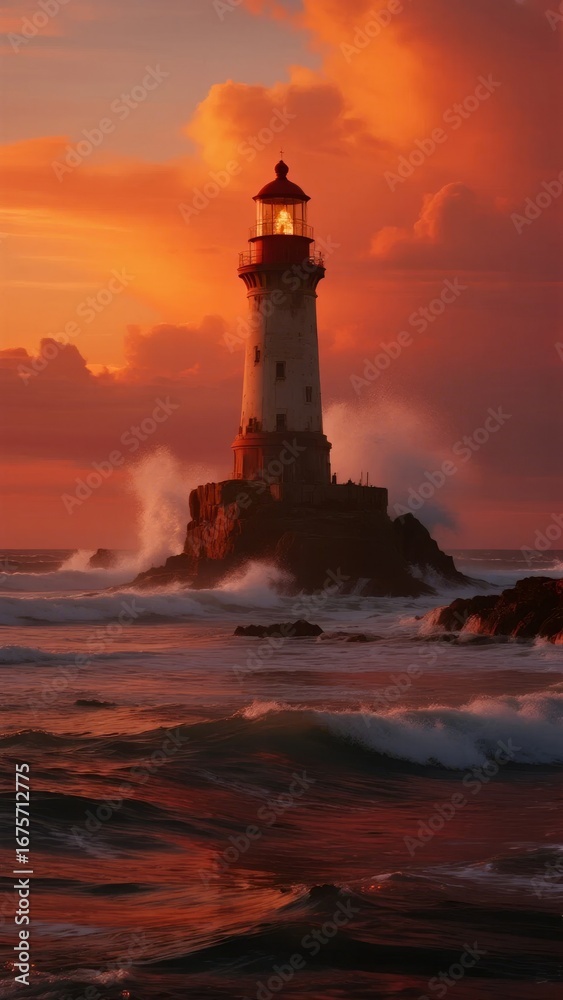 Naklejka premium Lighthouse Standing Resiliently Against a Dramatic Sunset Over the Ocean