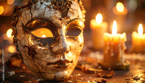 Mysterious Masquerade: An ornate, antique mask, lit by the warm glow of candlelight, hinting at secrets and a timeless aura, embodying intrigue and mystique.