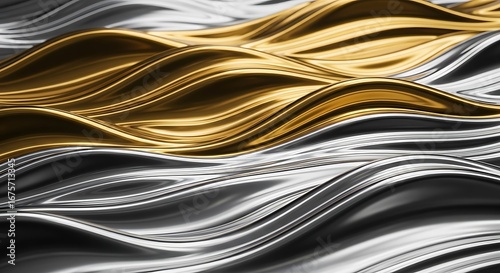 Abstract waves of gold and silver metallic material flowing in a smooth, undulating pattern, creating a luxurious and modern design.