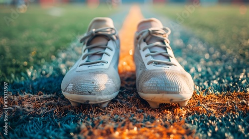 Illustration of a pair of white soccer cleats stand on a green and orange soccer field, ready for a game, symbolizing the dedication and hard work required to succeed in sports