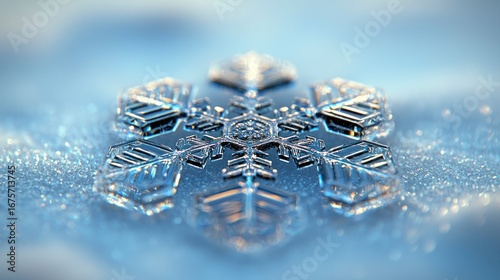 Stunning Crystal Ice Sculpture Shaped Like a Realistic Snowflake Against a Soft Blue Background