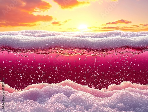 Stunning Outdoor Ice Crystal Installation Under Dreamy Sunset with Bubbles in Vibrant Colors
