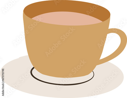 Brown ceramic cup with warm beverage on a saucer, minimalist vector illustration
