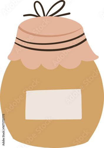Cute Cartoon Jar with Fabric Lid and Blank Label, Ideal for Honey or Jam, Sweet Food Vector Illustration
