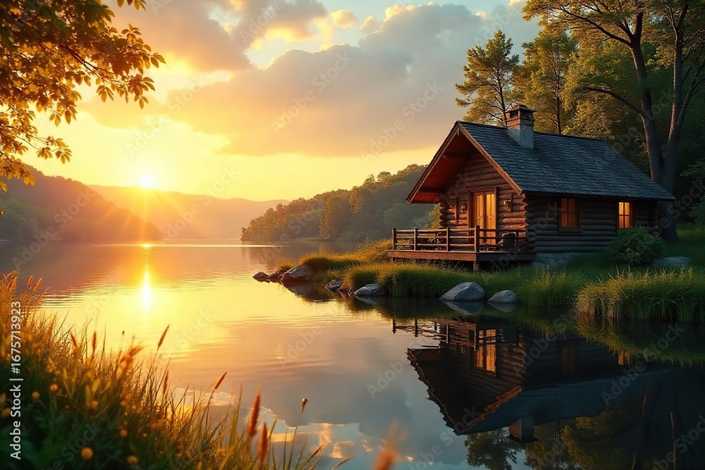 Fototapeta premium Rustic lakeside cabin bathed in golden sunset light, perfect summer getaway Enjoy tranquil views and peaceful atmosphere , cabin, relaxation, cottage