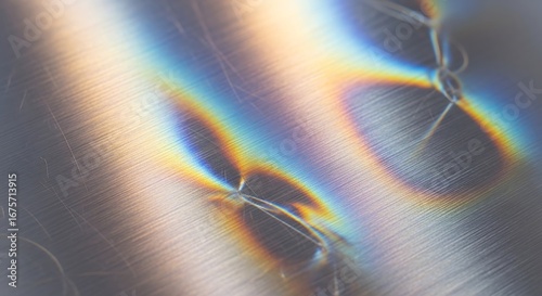 Abstract close-up of iridescent light patterns and textures with subtle linear details and circular shapes.