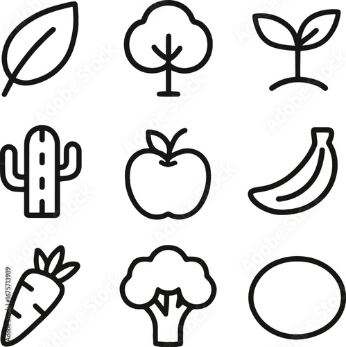 Simple line art of plant life and food items displayed on white canvas, representing nature's bounty in minimalist style.