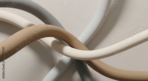 Intertwined, curved, matte-finish tubes in neutral tones of beige, gray, and off-white overlapping against a light background, creating an abstract composition.