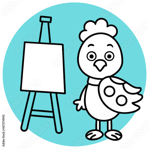 Cute cartoon chicken with easel and palette