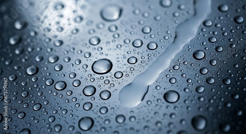 Close-up shot of water droplets and a stream of water on a smooth, reflective, metallic blue surface.