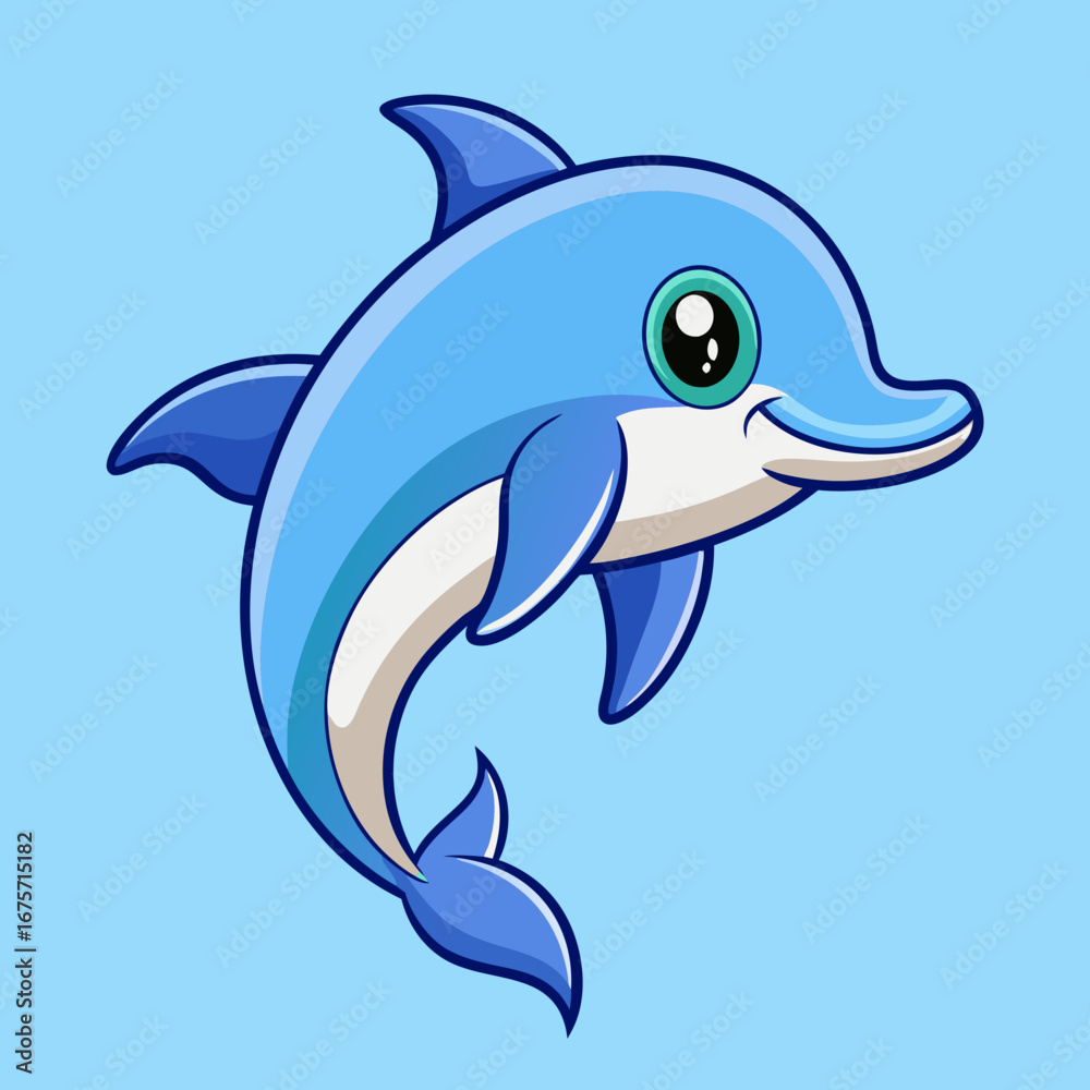 Fototapeta premium Cute cartoon dolphin illustration with big eyes and a friendly smile