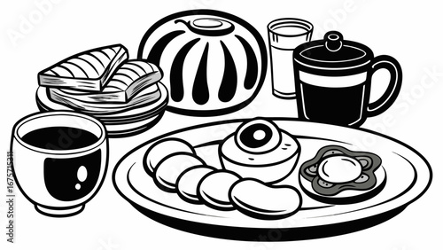 A delicious black and white illustration of a hearty breakfast spread